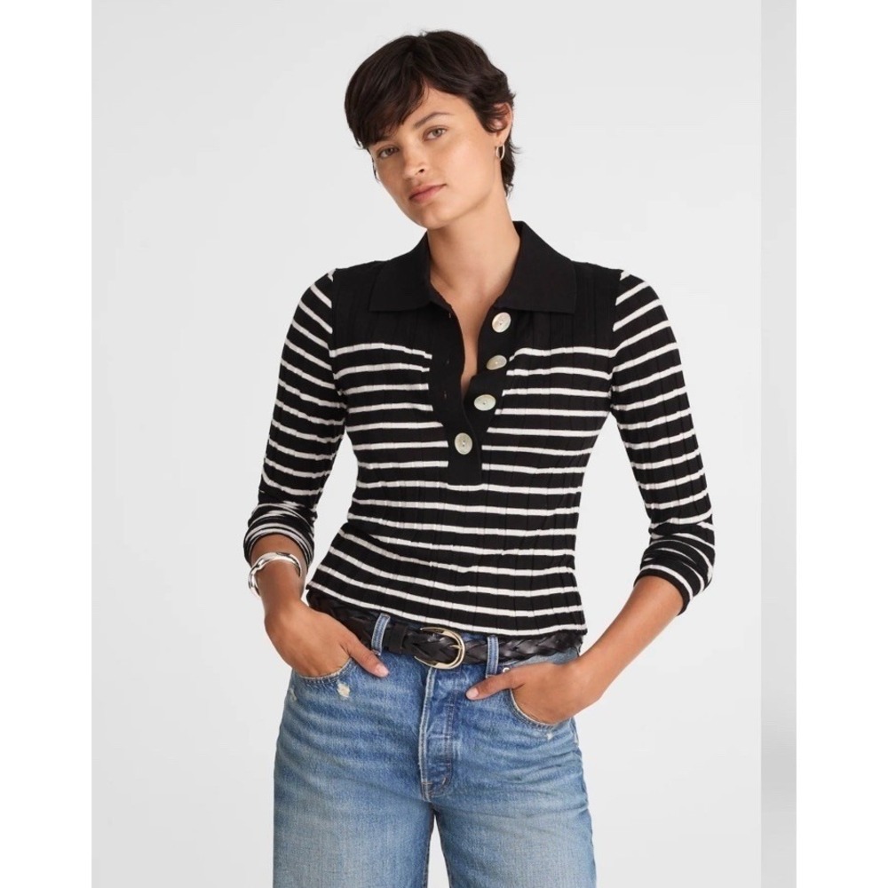 Madewell NWT Ribbed Polo Sweater Black Ivory Stripe Size XS Merino Wool Silk‎